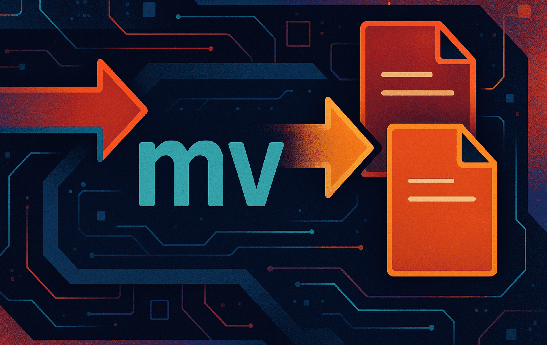 Illustration of the mv command in Linux, used for moving and renaming files and directories, with a futuristic digital background.