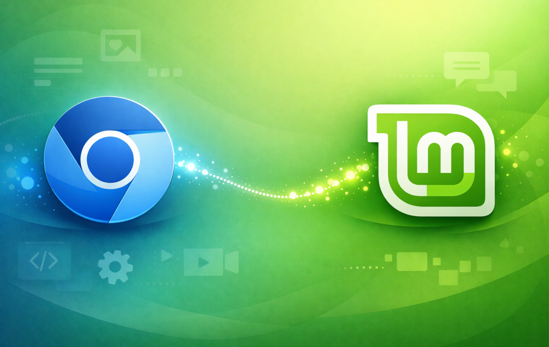 Chromium browser logo and Linux Mint logo connected on a green gradient background with web development icons
