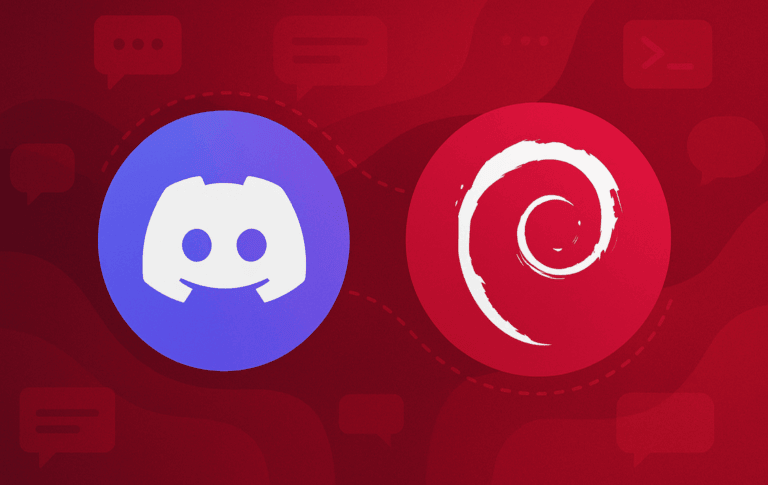 Discord logo in blue circle paired with Debian swirl in red circle on dark red background with communication icons