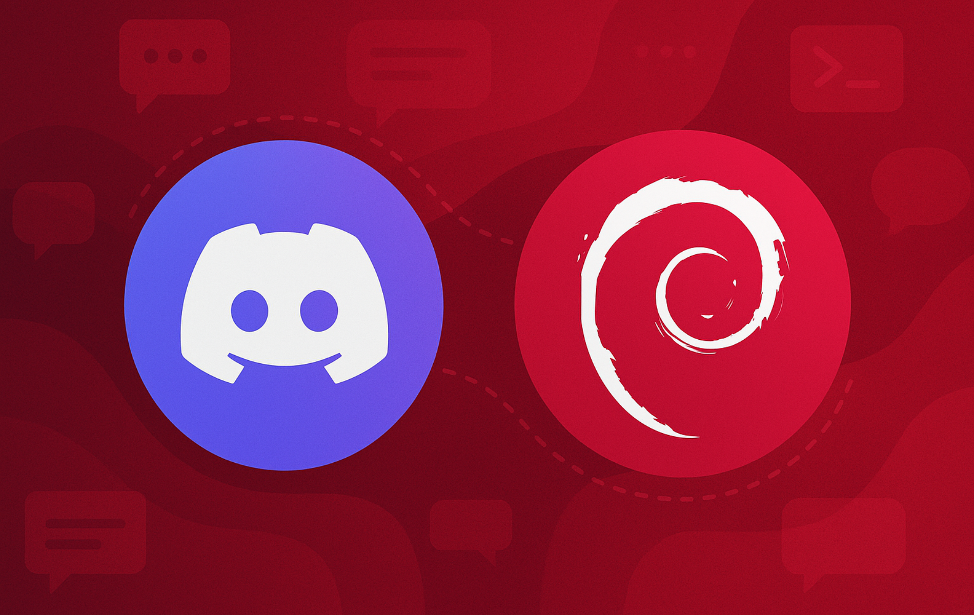 Discord logo in blue circle paired with Debian swirl in red circle on dark red background with communication icons