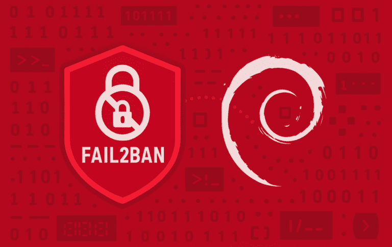 Fail2Ban security shield with lock icon and Debian logo protecting server from brute-force attacks