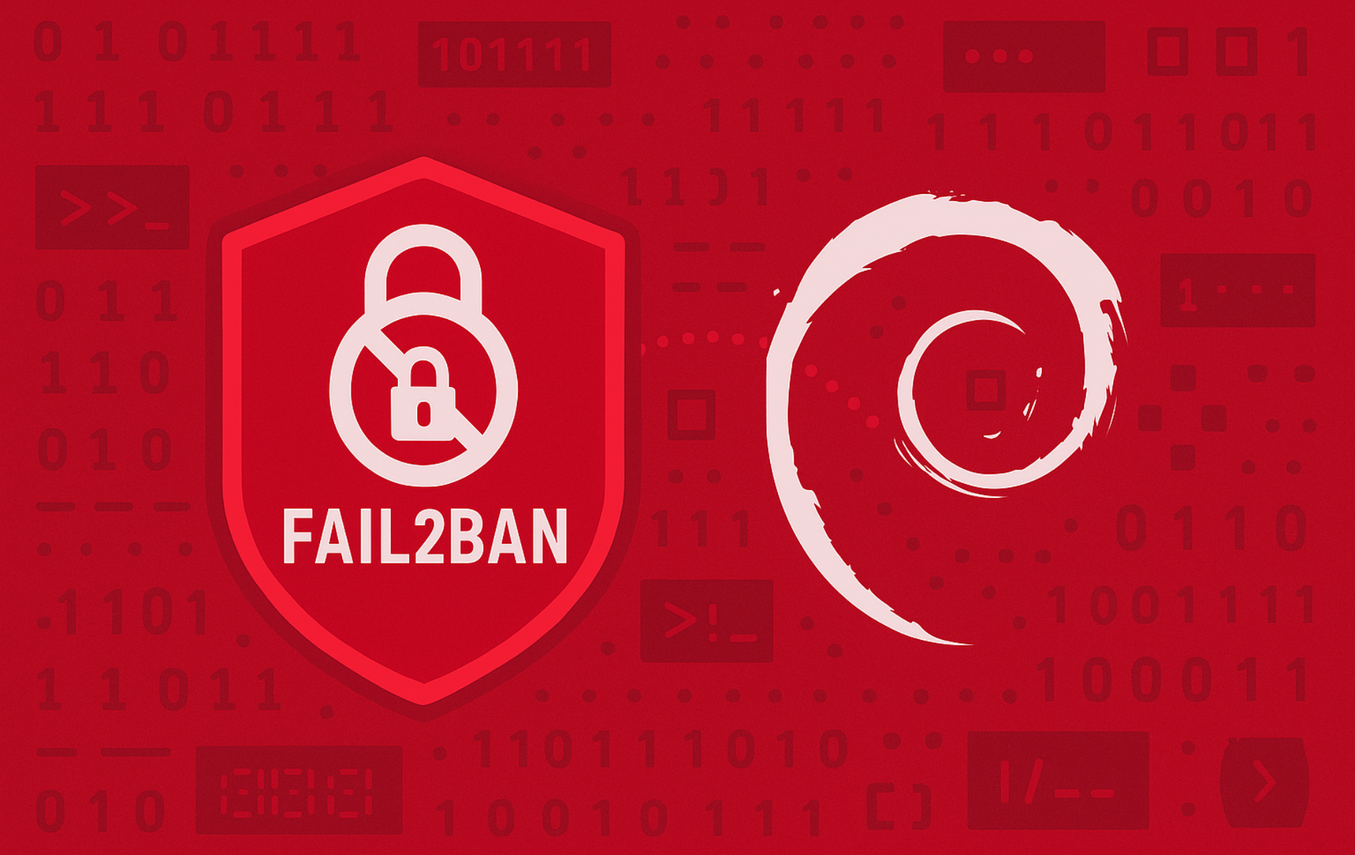 Fail2Ban security shield with lock icon and Debian logo protecting server from brute-force attacks