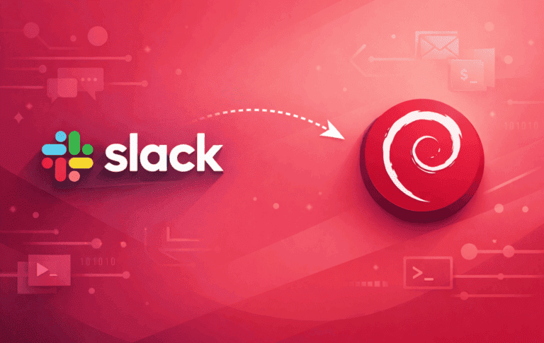Slack logo with arrow pointing to Debian swirl logo on red gradient background with tech icons