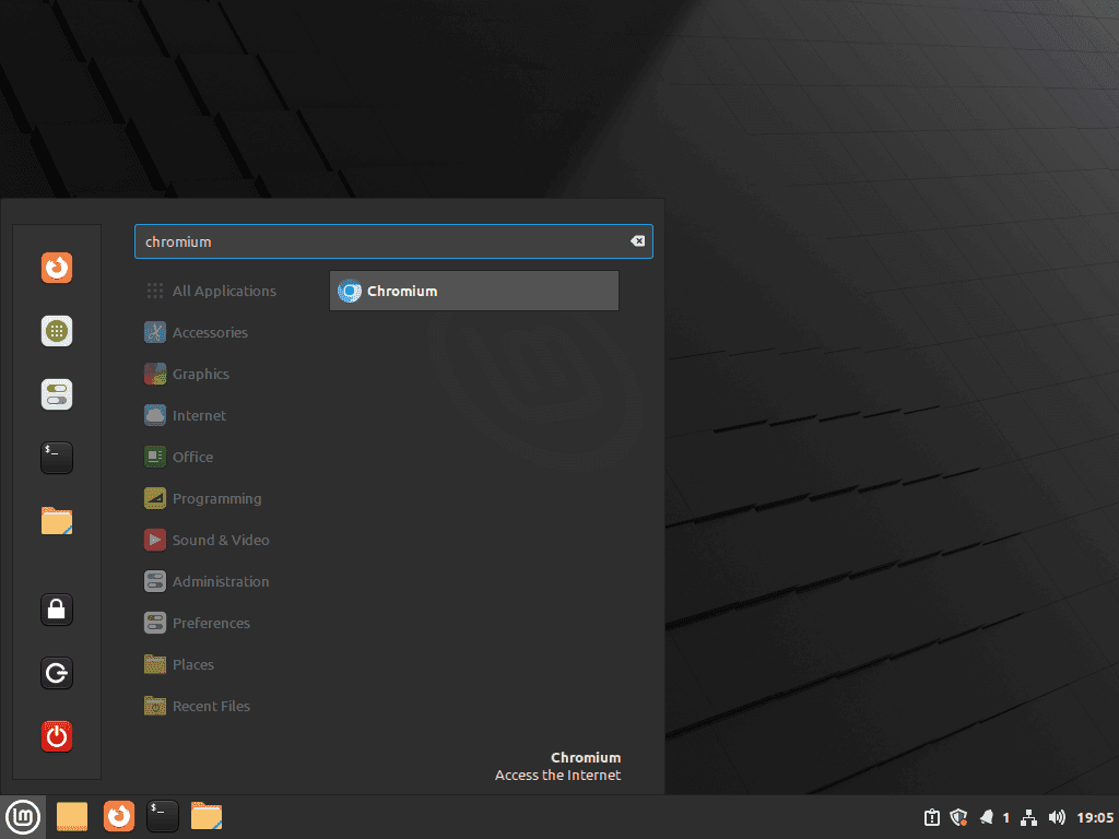 Linux Mint menu showing Chromium Browser application ready to launch