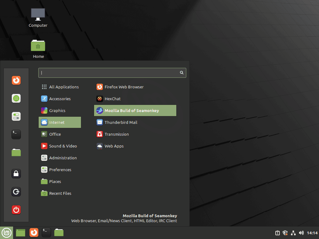 Opening SeaMonkey Internet Suite from the Linux Mint menu.