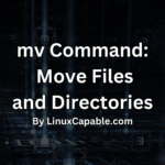 Illustration of the mv command in Linux, used for moving and renaming files and directories, with a futuristic digital background.