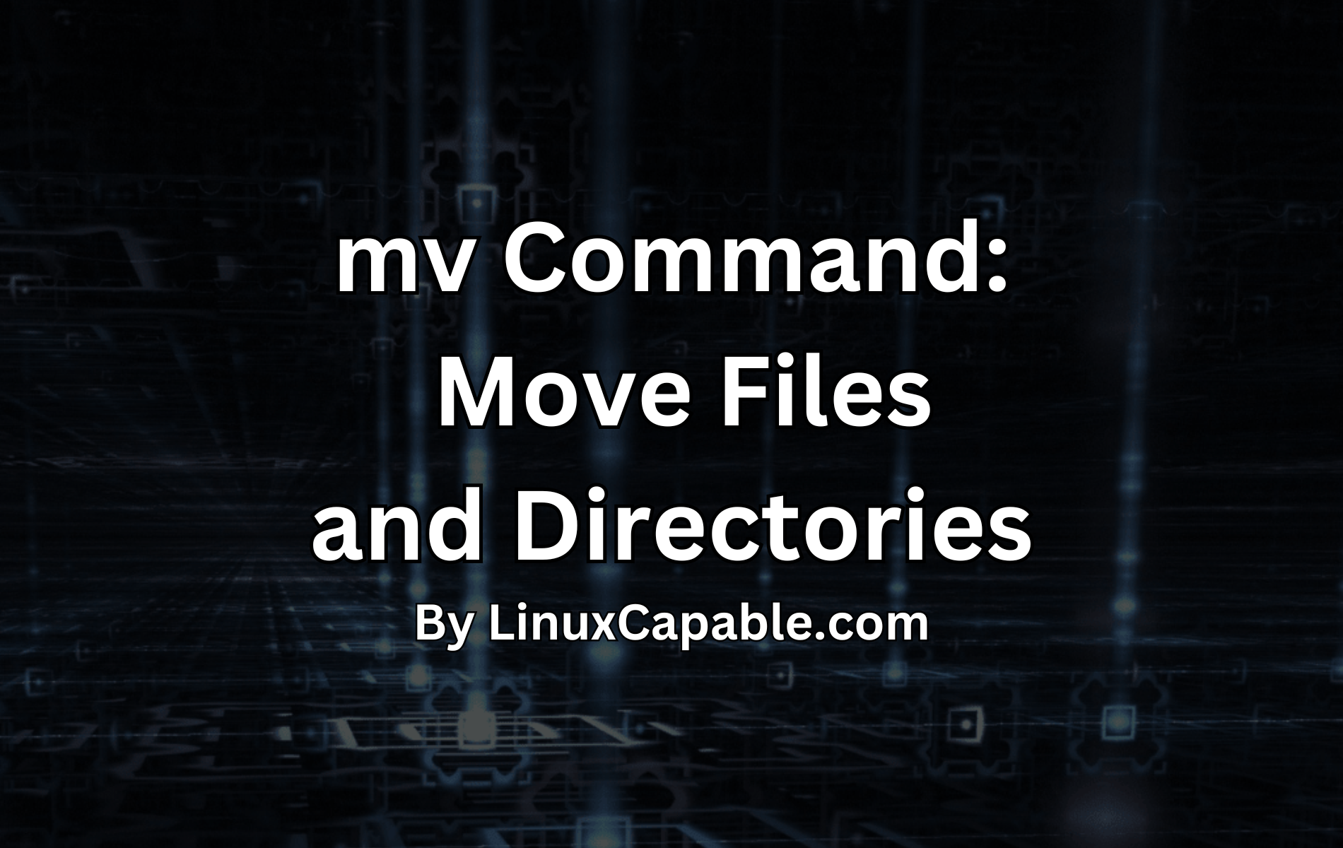 Illustration of the mv command in Linux, used for moving and renaming files and directories, with a futuristic digital background.