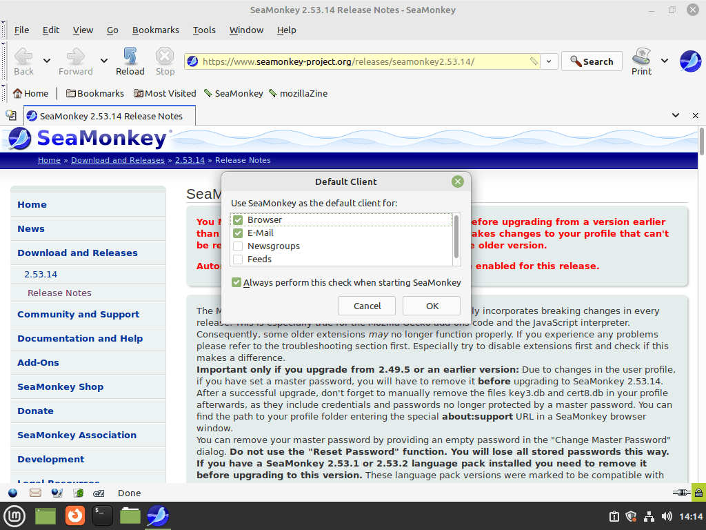 First-time configuration screen for SeaMonkey Internet Suite on Linux Mint.