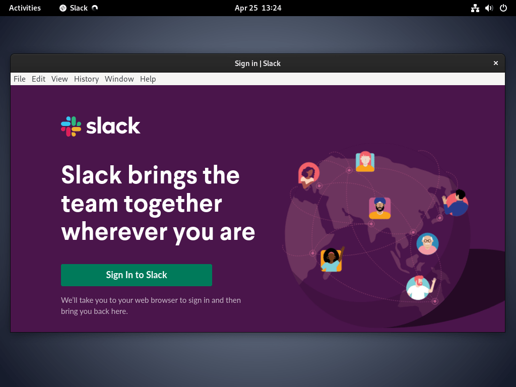 Launch Slack client on Debian Linux via application menu.