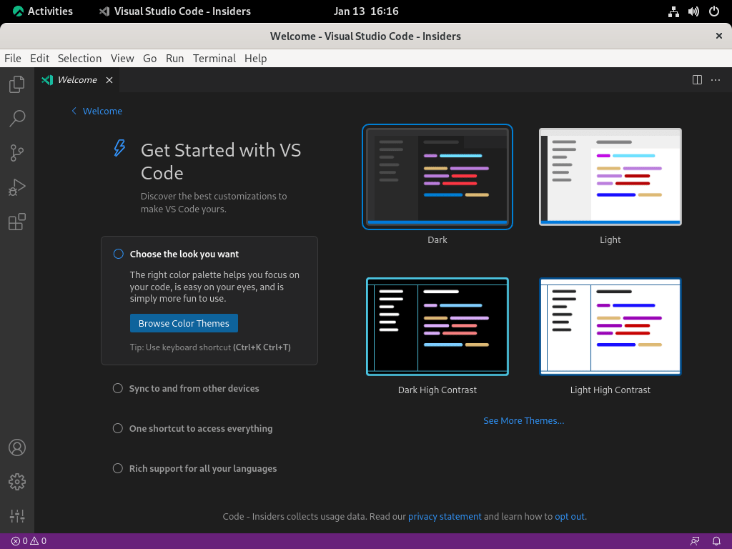 Visual Studio Code Select Theme on Startup on Rocky Linux