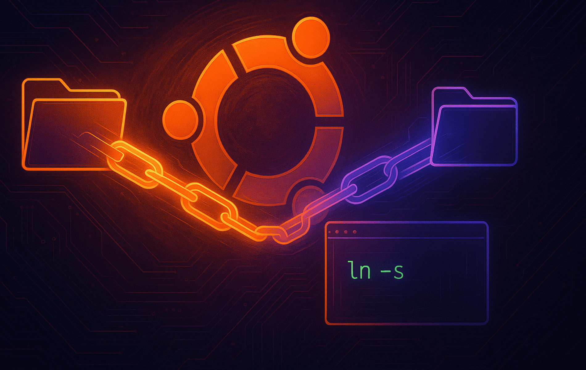 Futuristic digital network of files and directories connected by symbolic links in an Ubuntu Linux environment.