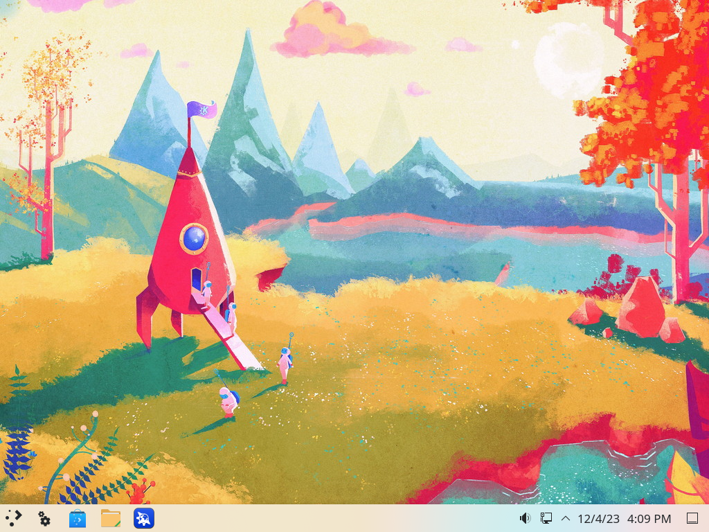 A fully installed KDE Plasma desktop on Linux Mint, showing a colorful default wallpaper and taskbar.