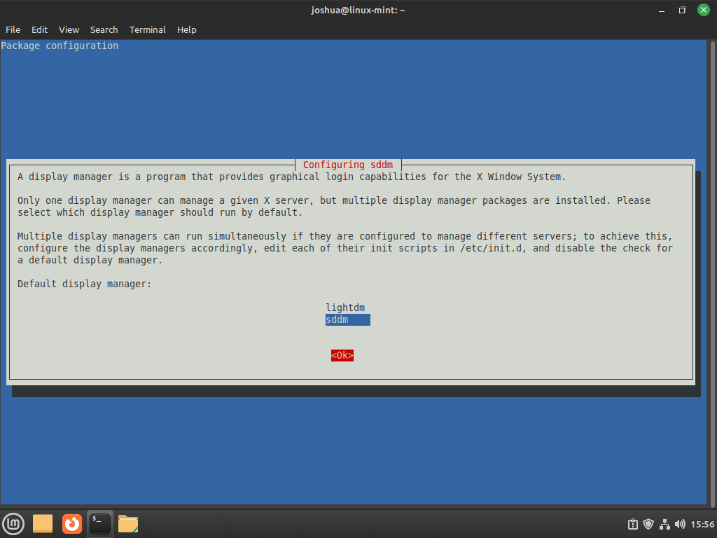 Terminal prompt in Linux Mint asking the user to choose SDDM as the default display manager during KDE Plasma installation.