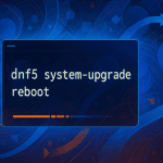Abstract digital artwork of a Fedora Linux terminal displaying “dnf5 system-upgrade reboot” with a glowing progress bar and dynamic arrows