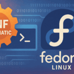 Digital illustration blending a large orange gear labeled "DNF Automatic" with a stylized terminal window and the Fedora Linux logo on a blue tech-themed background, representing the automation of DNF updates in Fedora Linux.