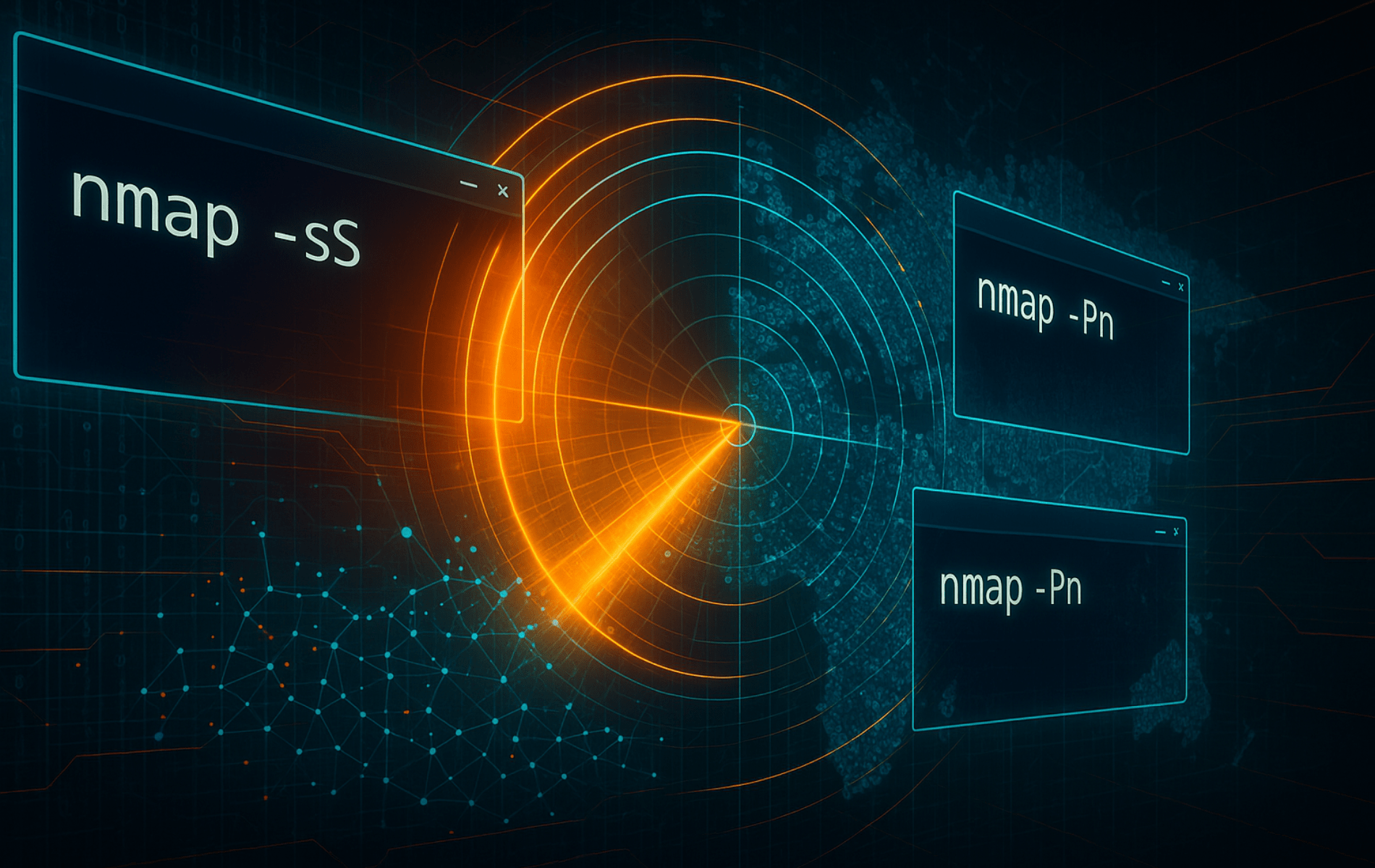 Futuristic digital artwork showing Nmap terminal windows and a glowing radar grid scanning a network