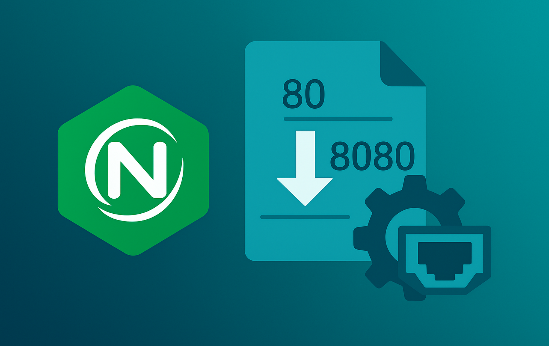 Nginx logo with a document showing a port change from 80 to 8080 and network gear icons representing port configuration and routing.
