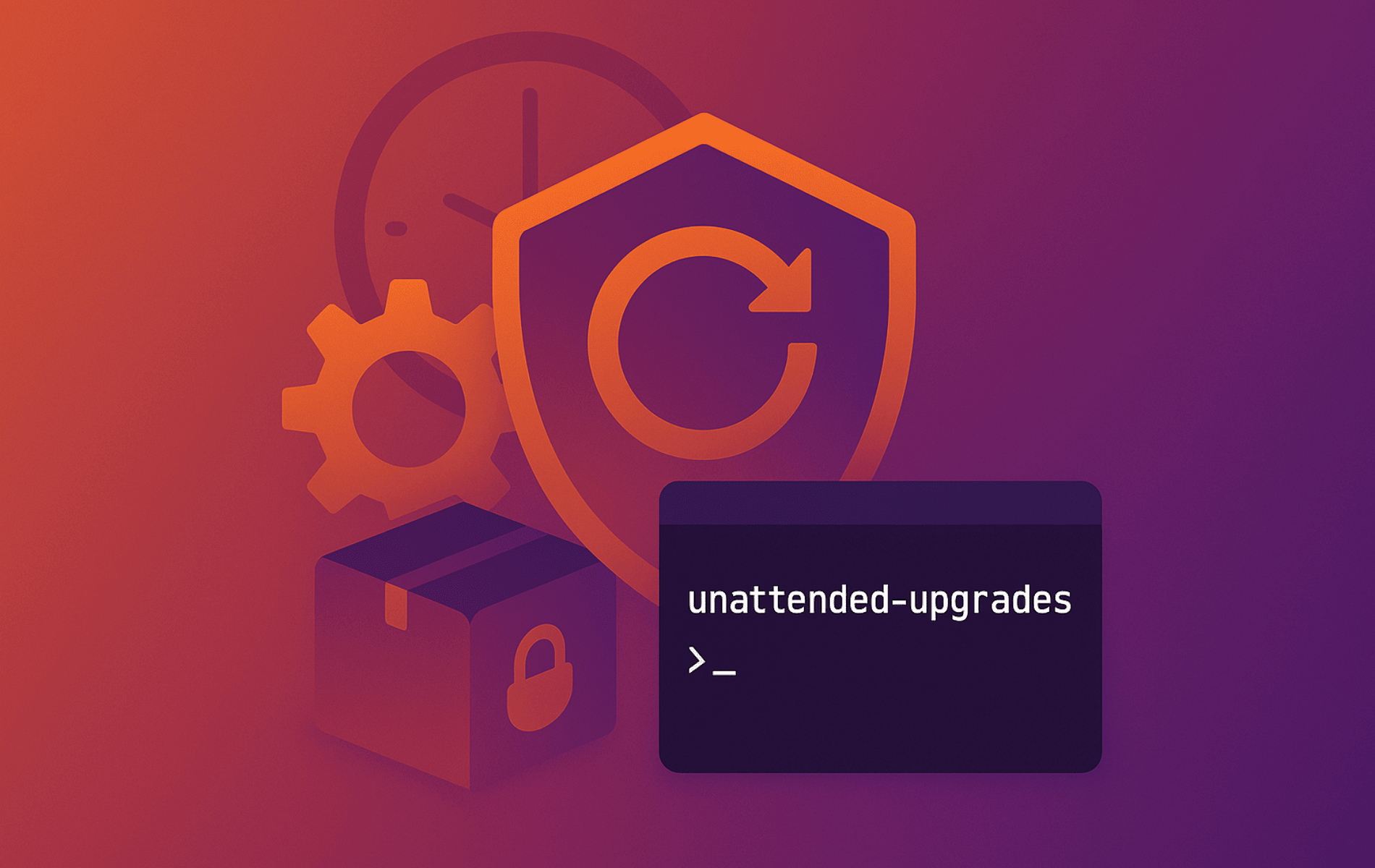 Graphical illustration of Ubuntu system with automated security updates running silently in the background, showing a shield icon and update arrows to represent unattended patching.
