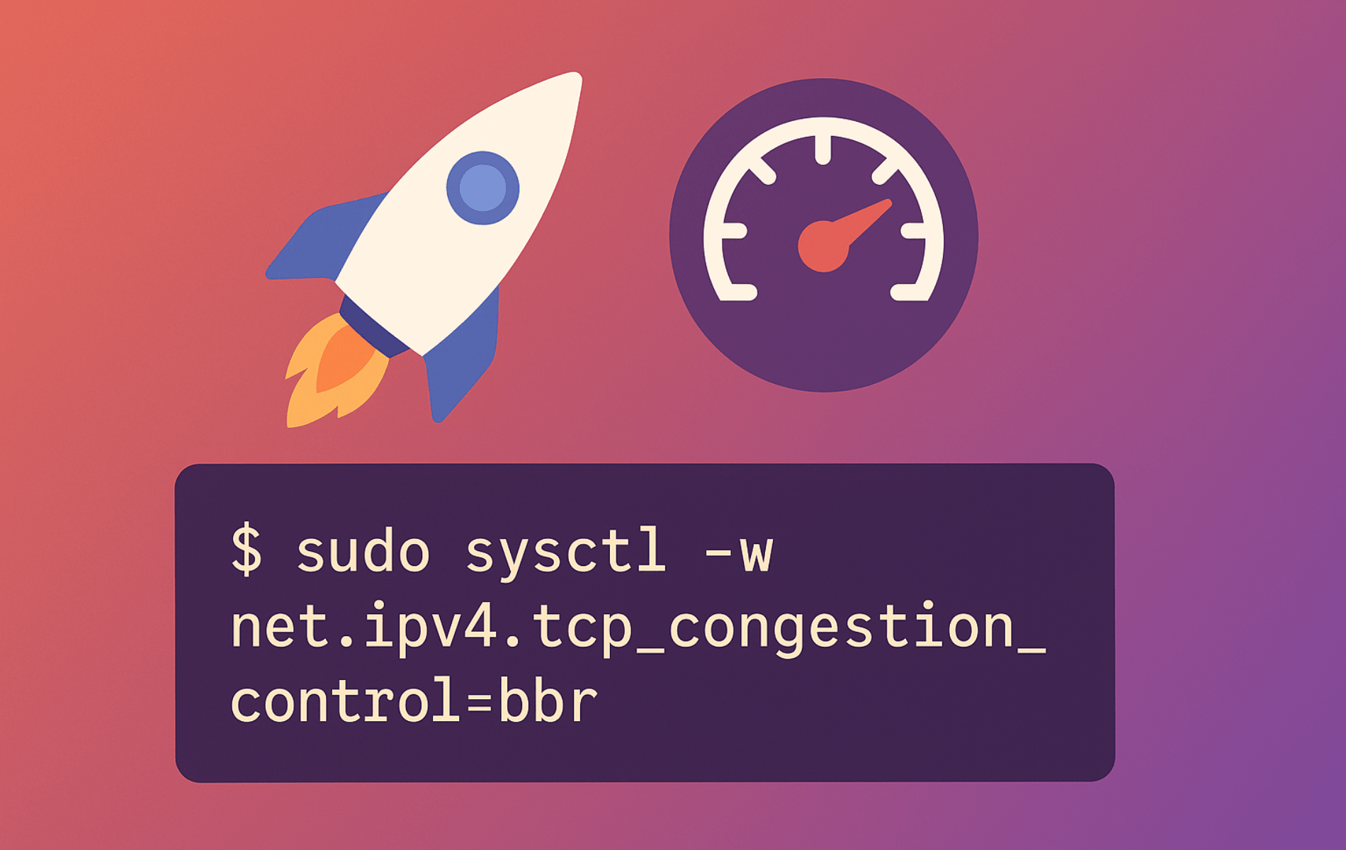 Terminal command enabling BBR congestion control on Ubuntu Linux with performance speedometer icon