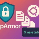 AppArmor security shield with Ubuntu logo and aa-status command terminal