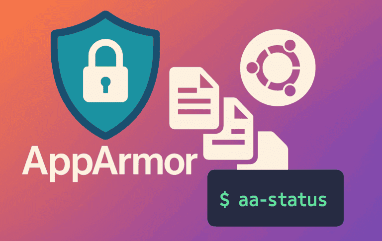 AppArmor security shield with Ubuntu logo and aa-status command terminal