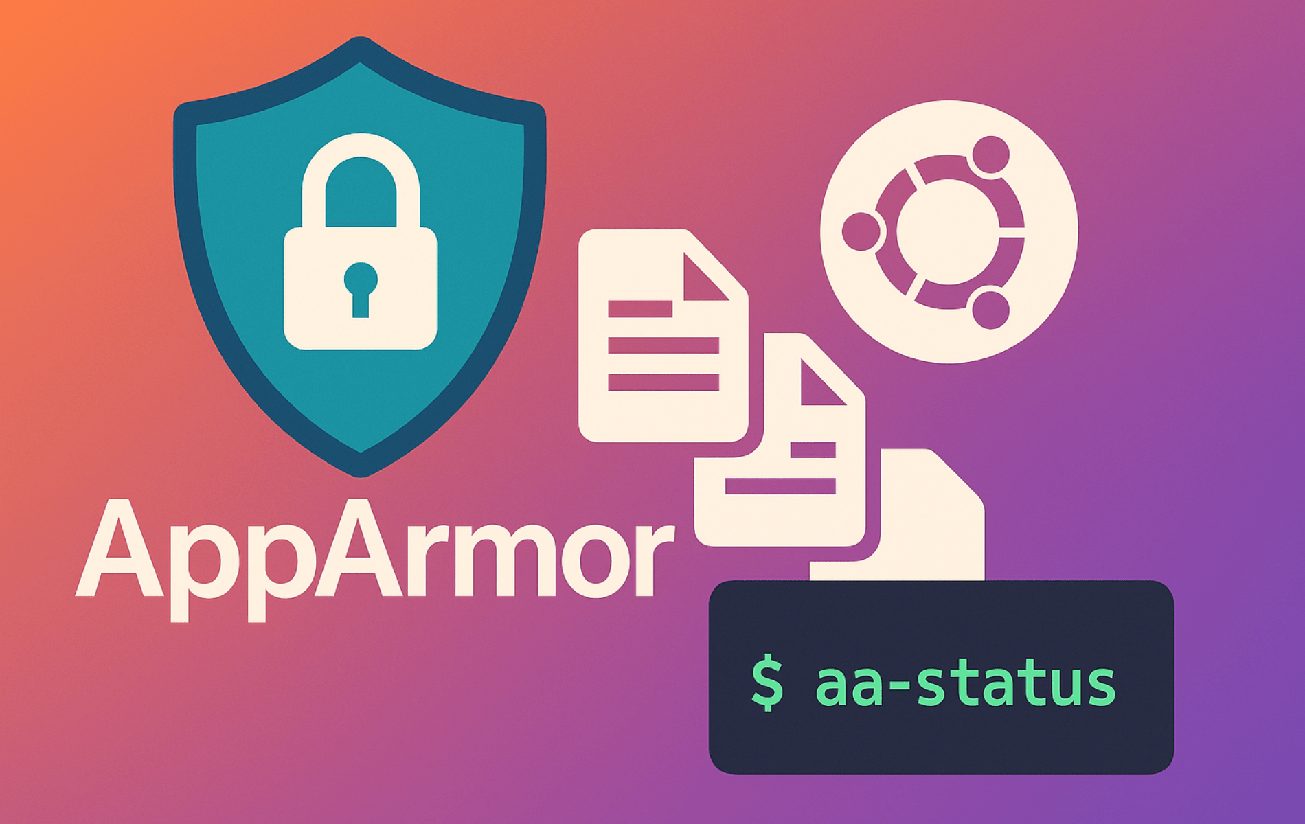 AppArmor security shield with Ubuntu logo and aa-status command terminal