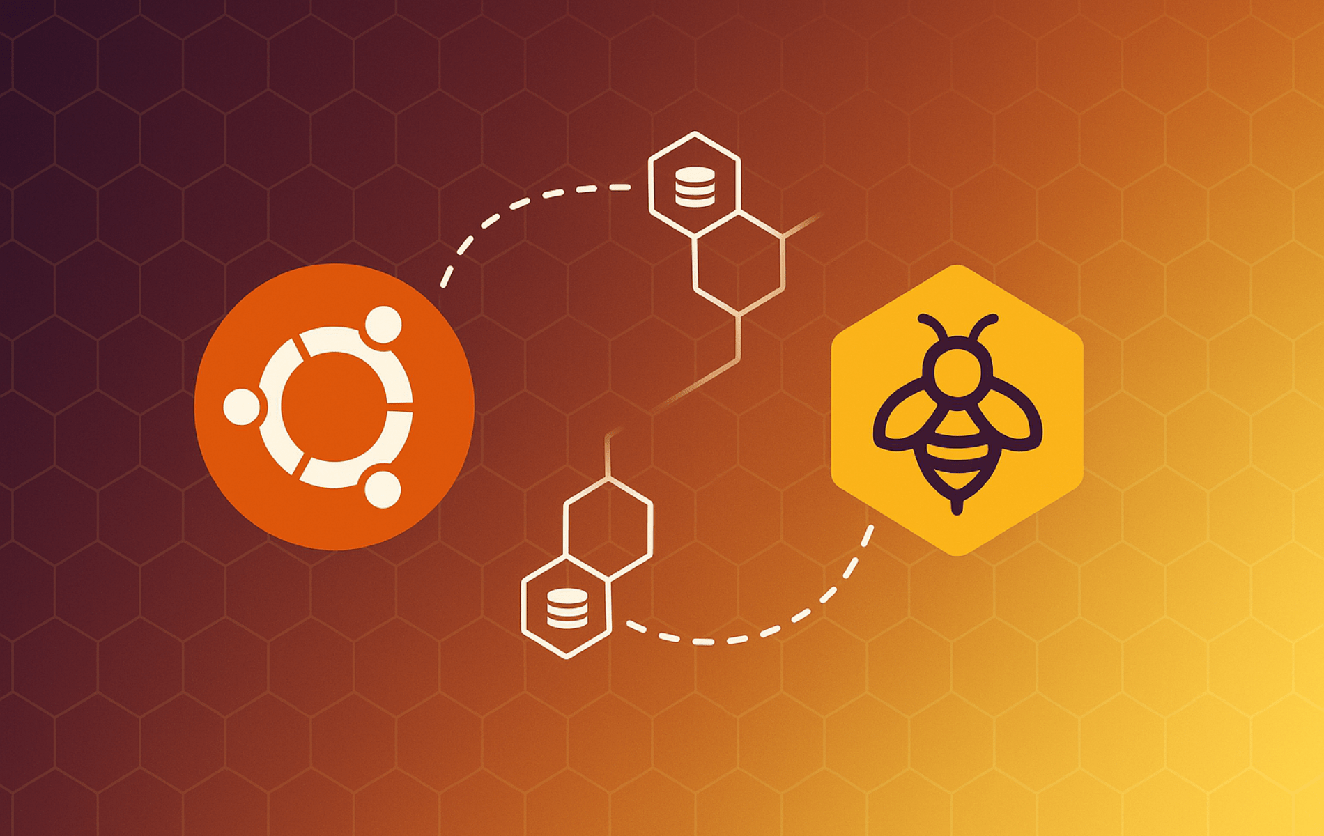 Ubuntu logo with Beekeeper Studio bee icon and database symbols connected by dotted lines on honeycomb gradient background