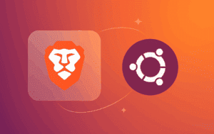 Brave Browser lion logo with Ubuntu logo on gradient orange background for installation guide