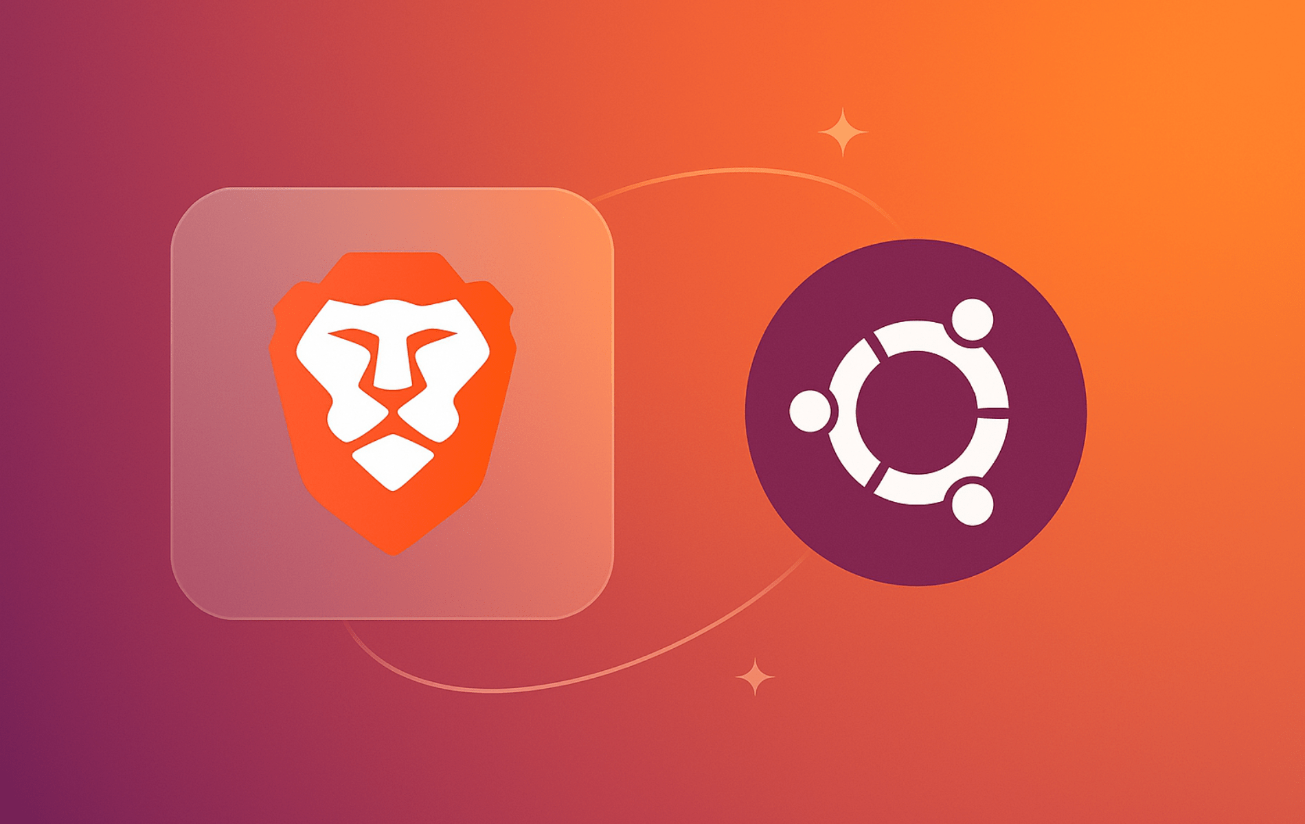 Brave Browser lion logo with Ubuntu logo on gradient orange background for installation guide