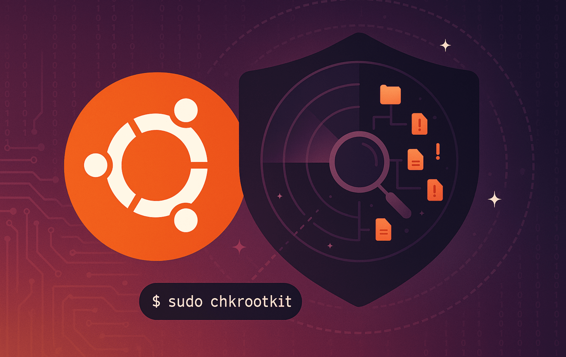 Chkrootkit rootkit detection with Ubuntu logo security shield and terminal showing sudo chkrootkit command