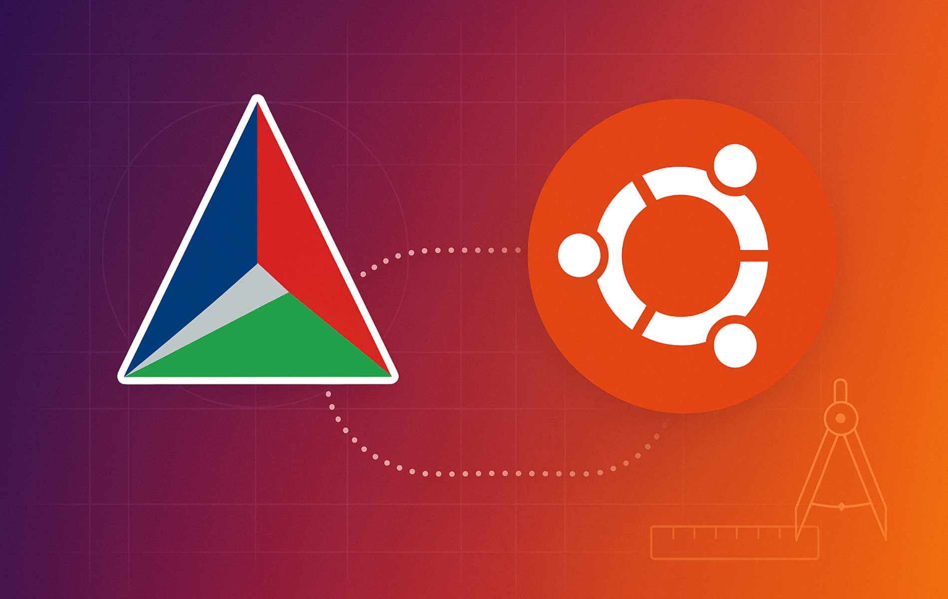 CMake triangle logo connected to Ubuntu orange circle logo with compass ruler icon on purple-orange gradient background