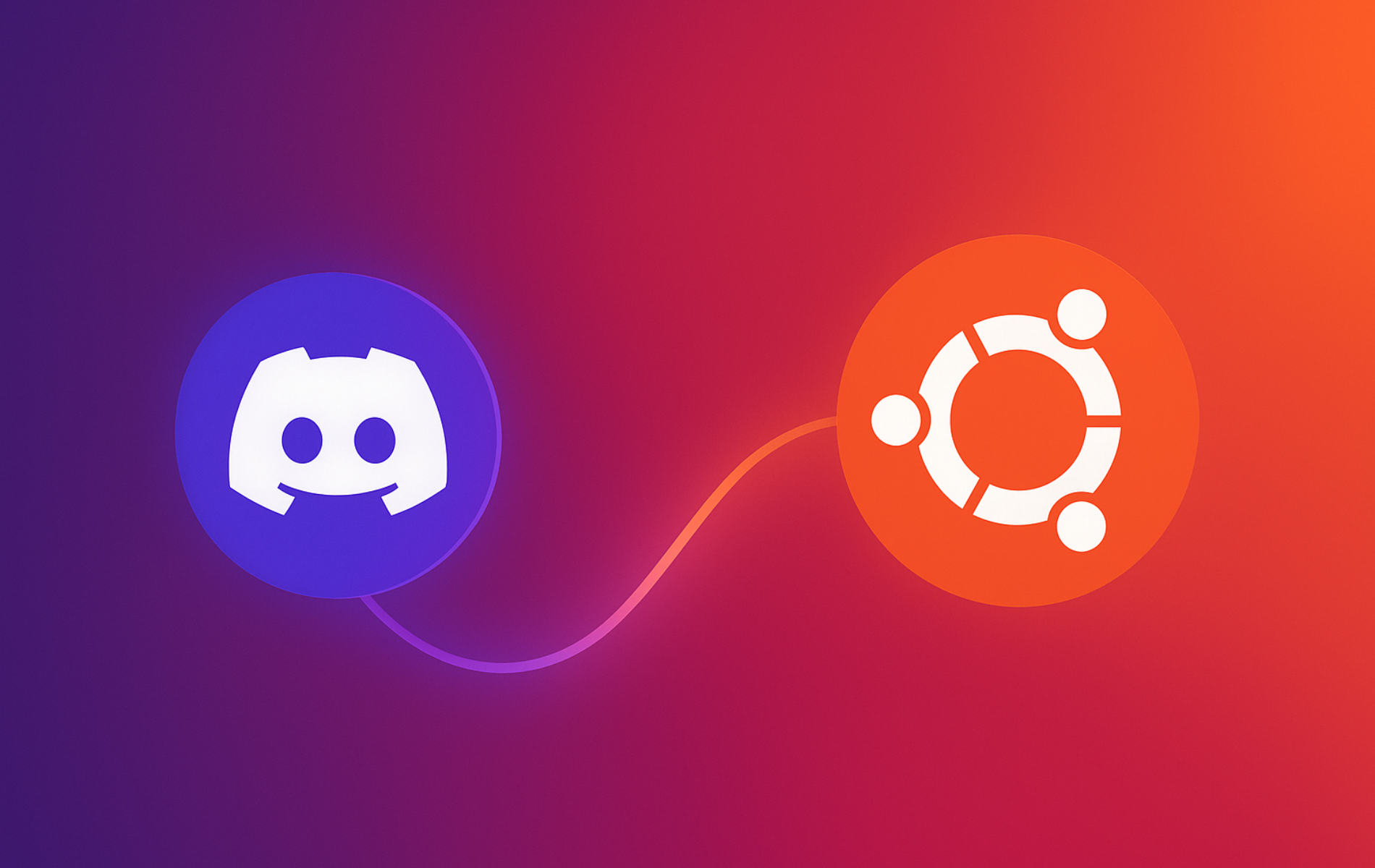 Discord logo with Ubuntu logo connected by curved line on gradient background