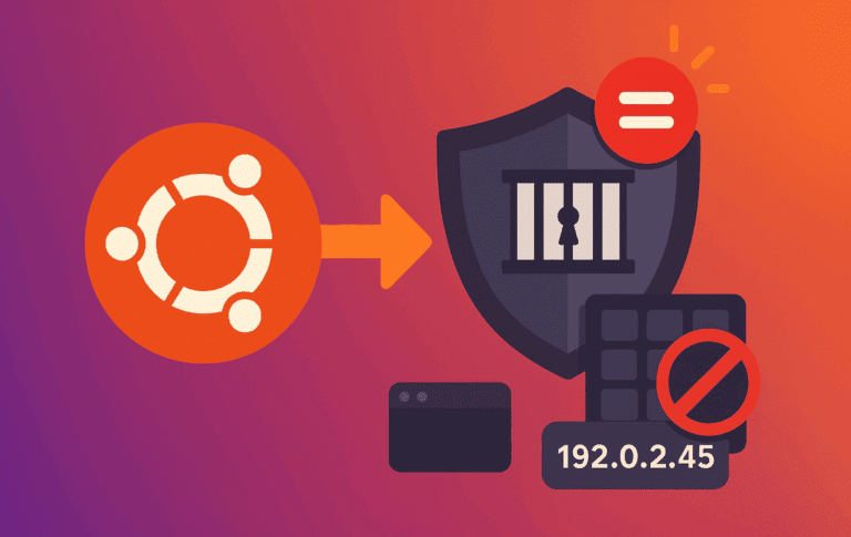 Ubuntu logo with Fail2Ban security shield showing jail bars and blocked IP address 192.0.2.45