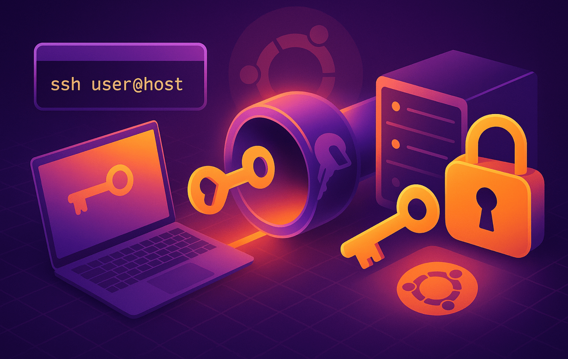 OpenSSH secure connection illustration showing terminal command, encryption keys, and Ubuntu logo on purple background