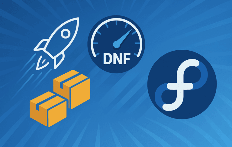 Rocket icon, DNF speedometer gauge, orange packages, and Fedora logo on blue gradient background with diagonal stripes