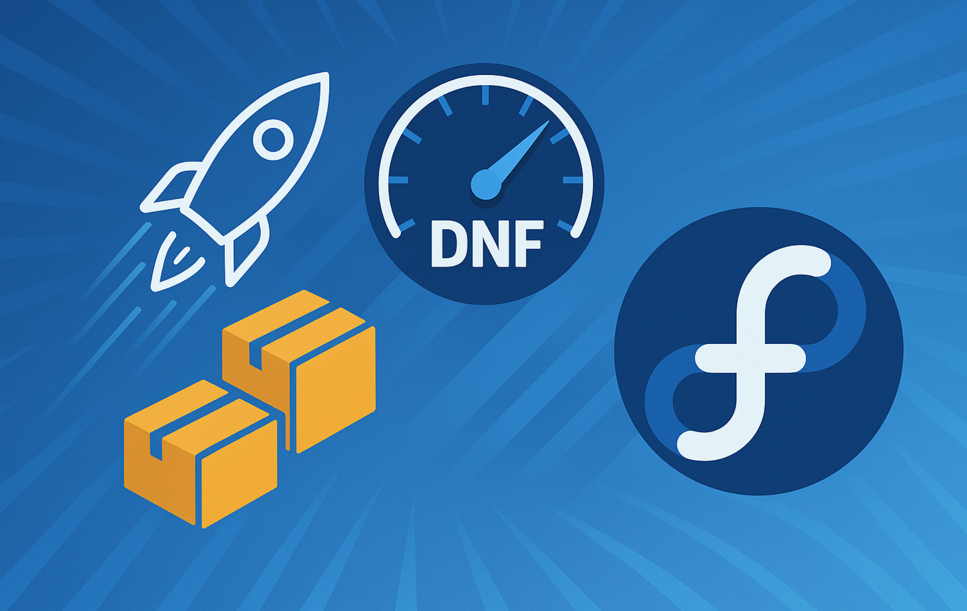 Rocket icon, DNF speedometer gauge, orange packages, and Fedora logo on blue gradient background with diagonal stripes