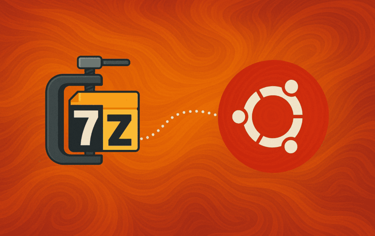 7-Zip file archiver icon with compression clamp and Ubuntu logo on orange gradient background