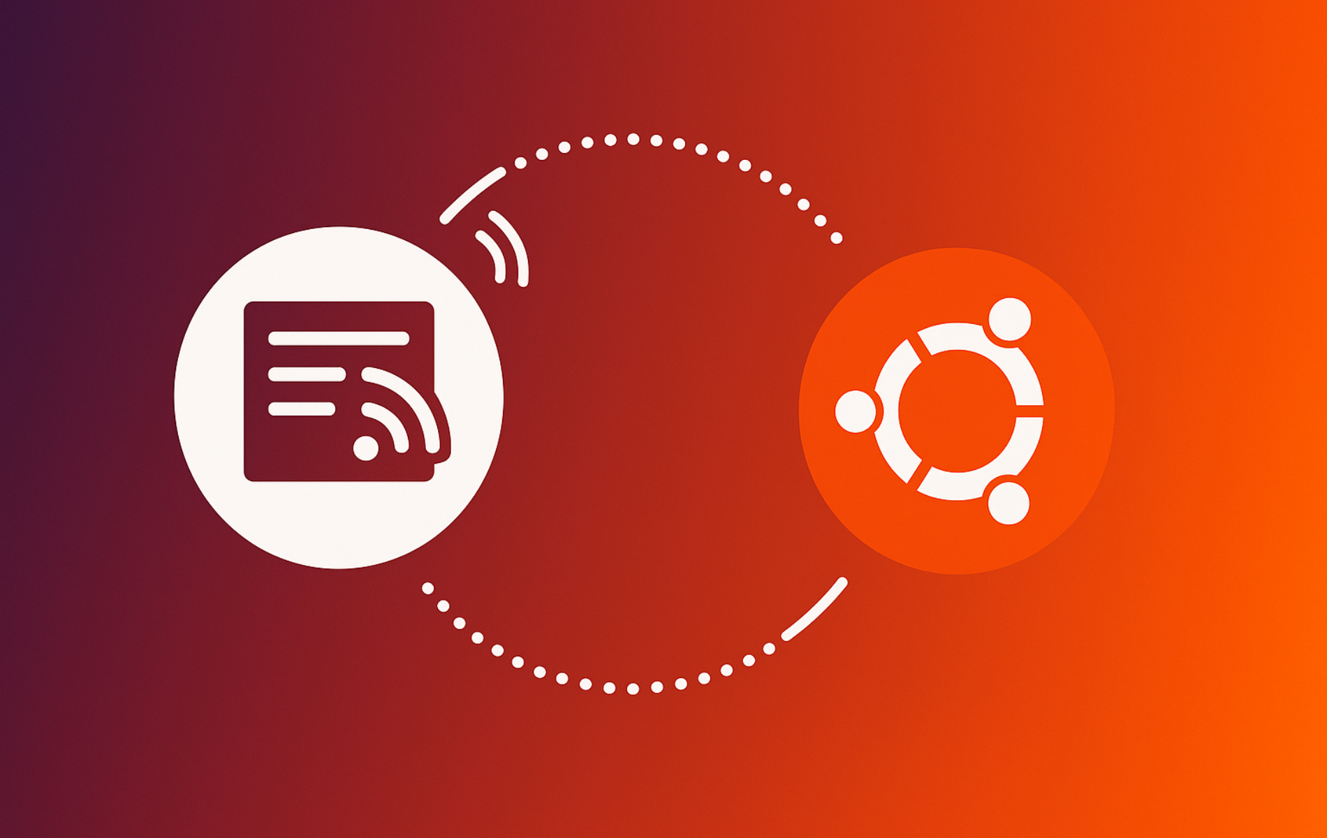 Akregator RSS feed reader with Ubuntu logo connected by network flow visualization