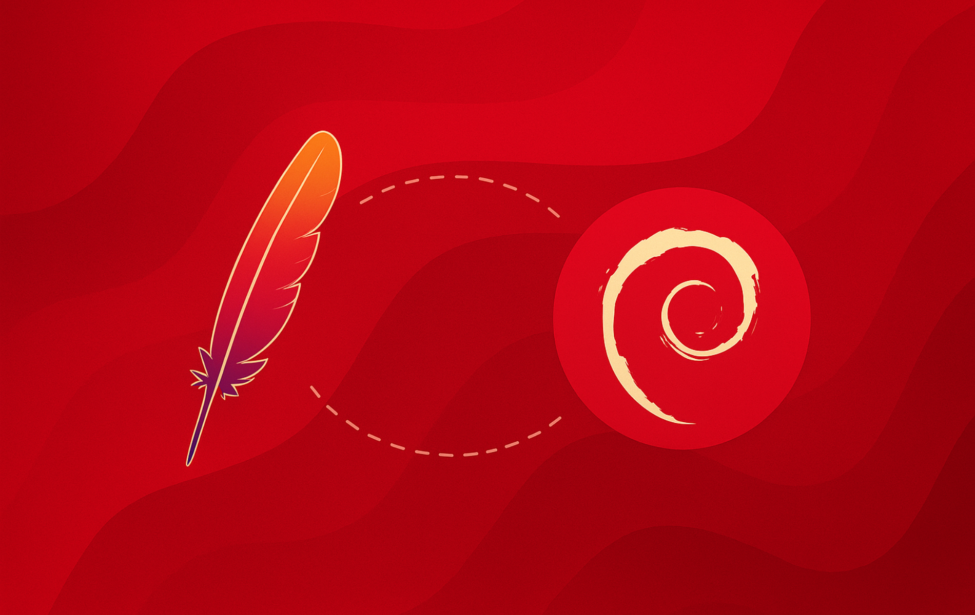 Apache HTTP Server feather logo and Debian spiral on red background