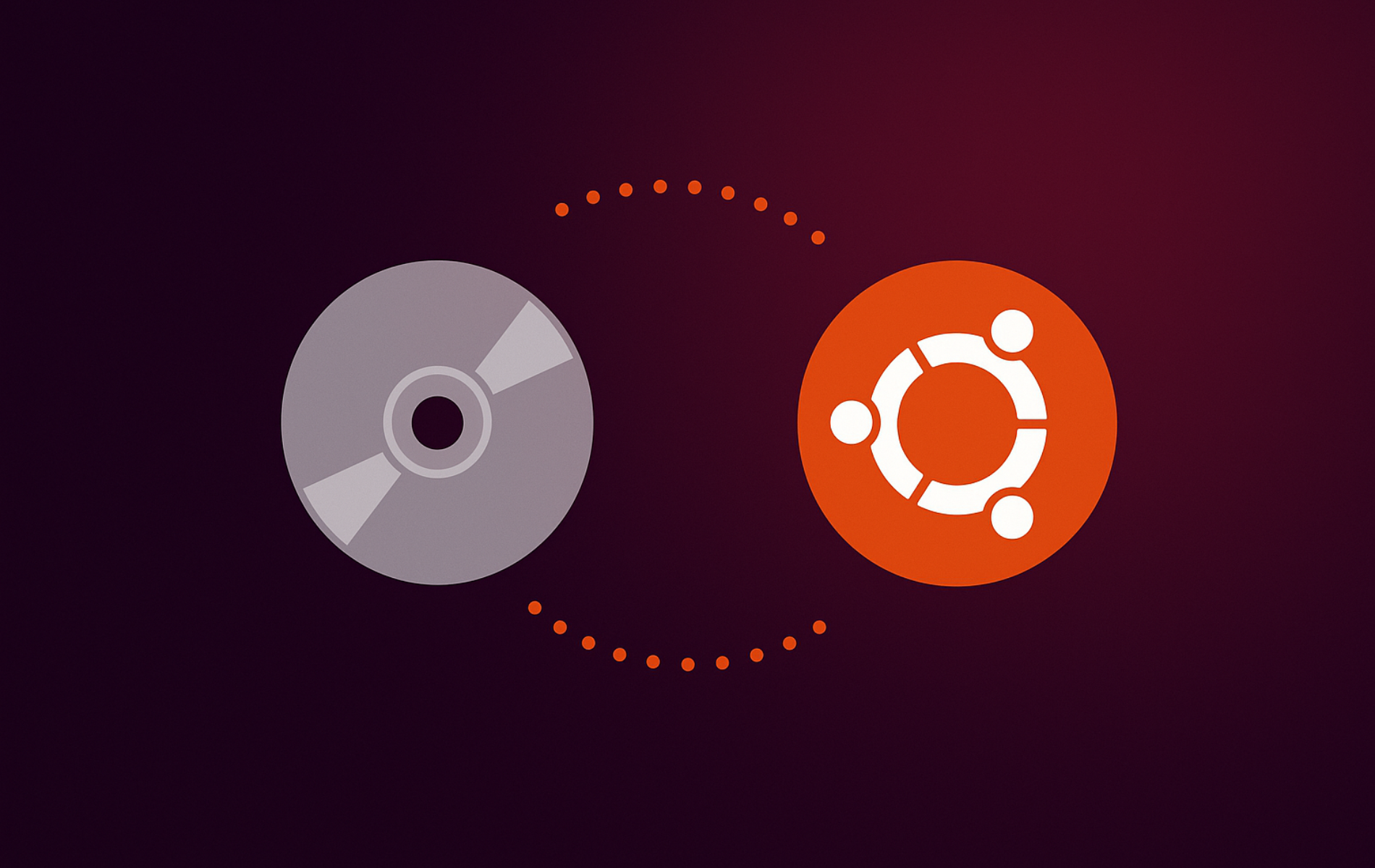 Brasero disc burning application with CD optical disc and Ubuntu logo connected by orange data transfer dots