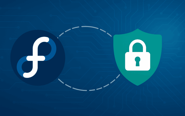 Fedora Linux logo connected to a security shield with padlock, representing Chkrootkit rootkit detection and system security