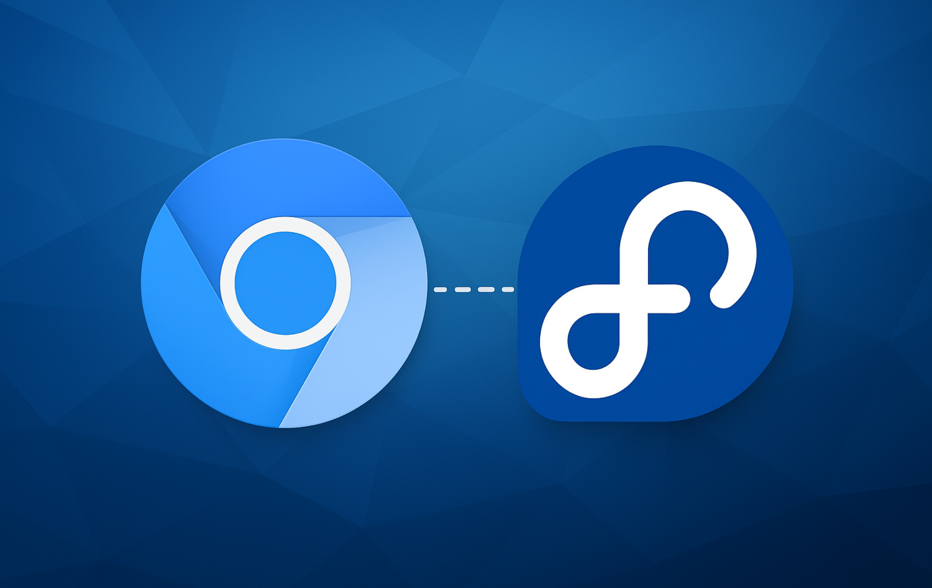 Chromium browser logo alongside Fedora Linux logo on a blue geometric background