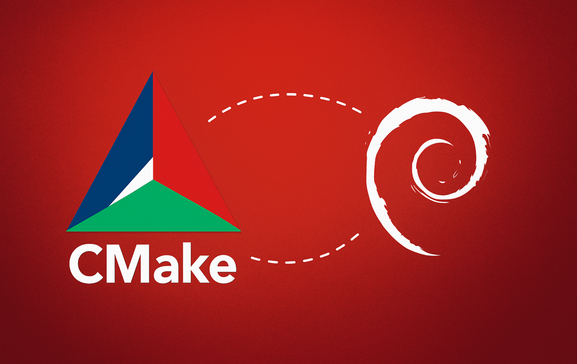 CMake logo with geometric triangle symbol and Debian swirl connected by dotted arc on red background representing build system integration