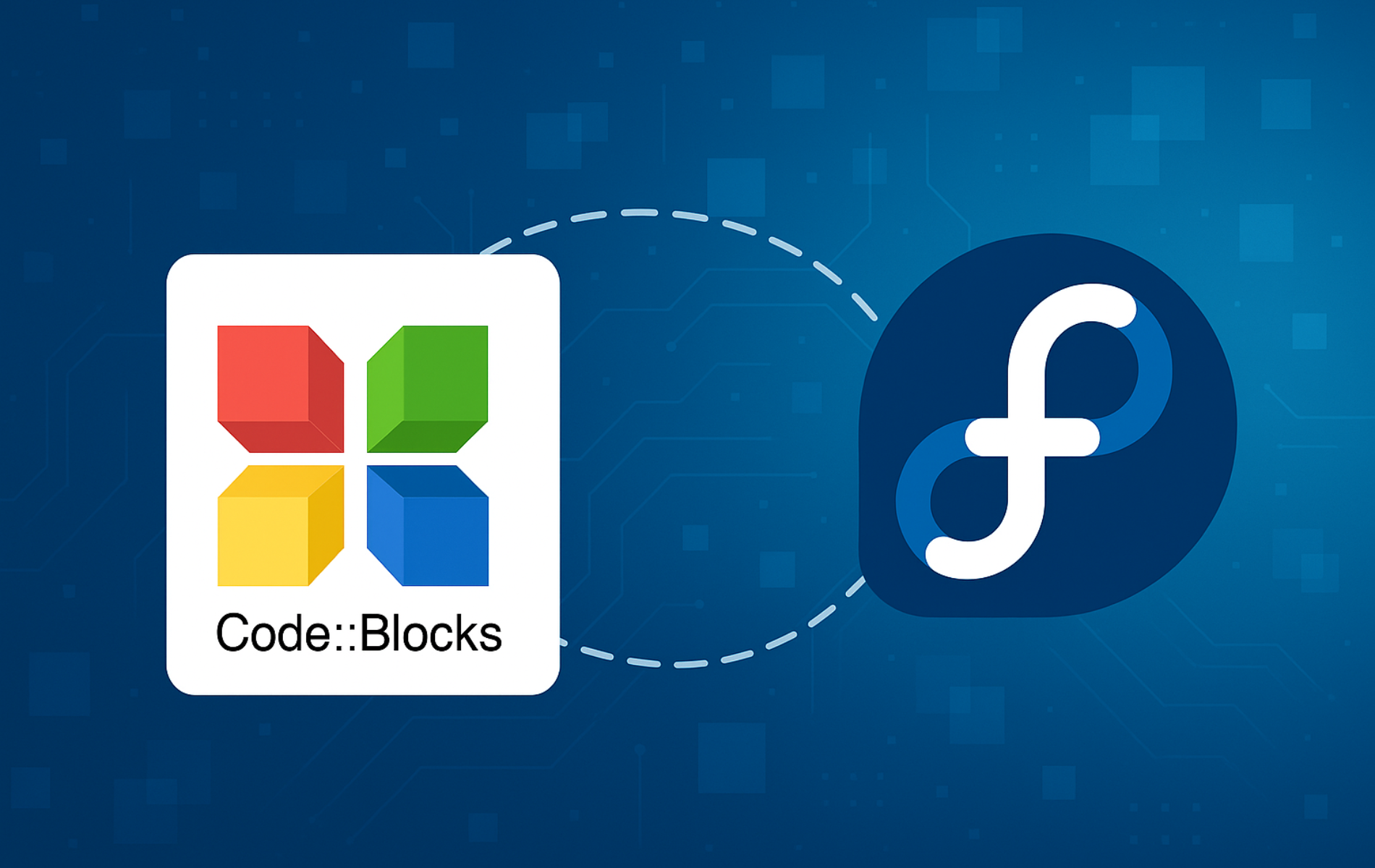 Code::Blocks IDE logo with Fedora symbol showing installation connection
