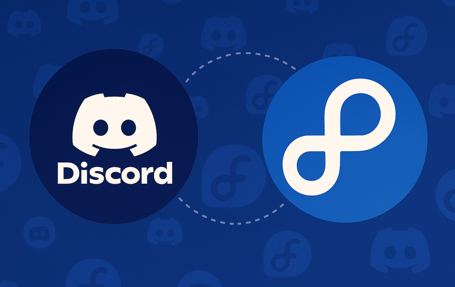 Discord and Fedora Linux logos connected by a dotted line on a blue background with Discord pattern.