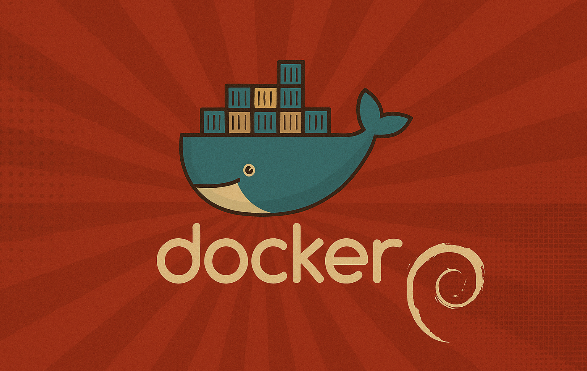 Docker whale logo with shipping containers alongside Debian swirl logo on red sunburst background