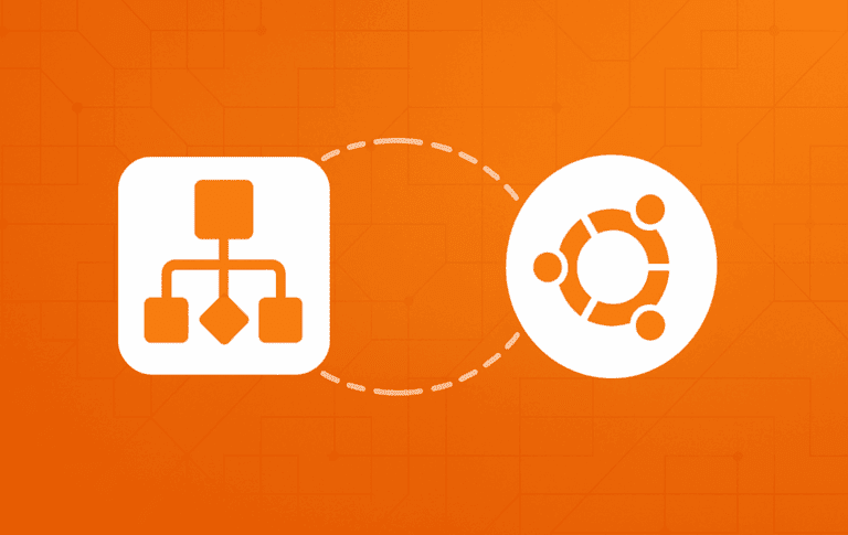 Draw.io flowchart icon connected to Ubuntu logo on orange background