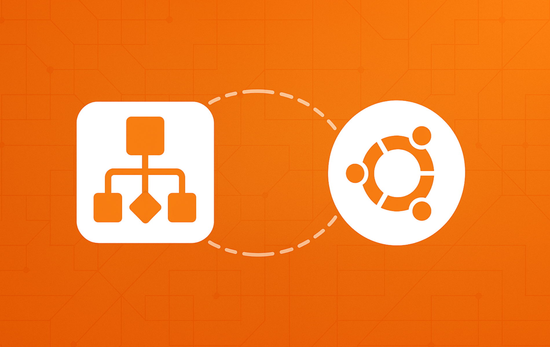 Draw.io flowchart icon connected to Ubuntu logo on orange background