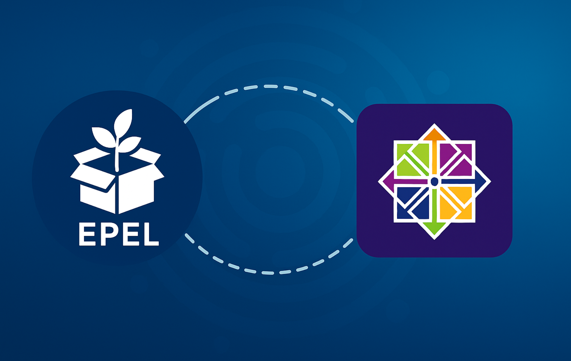 EPEL logo with box and plant graphic connected by dotted line to CentOS Stream colorful geometric logo on blue gradient background