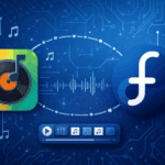 Exaile music player icon connected to Fedora logo on blue background